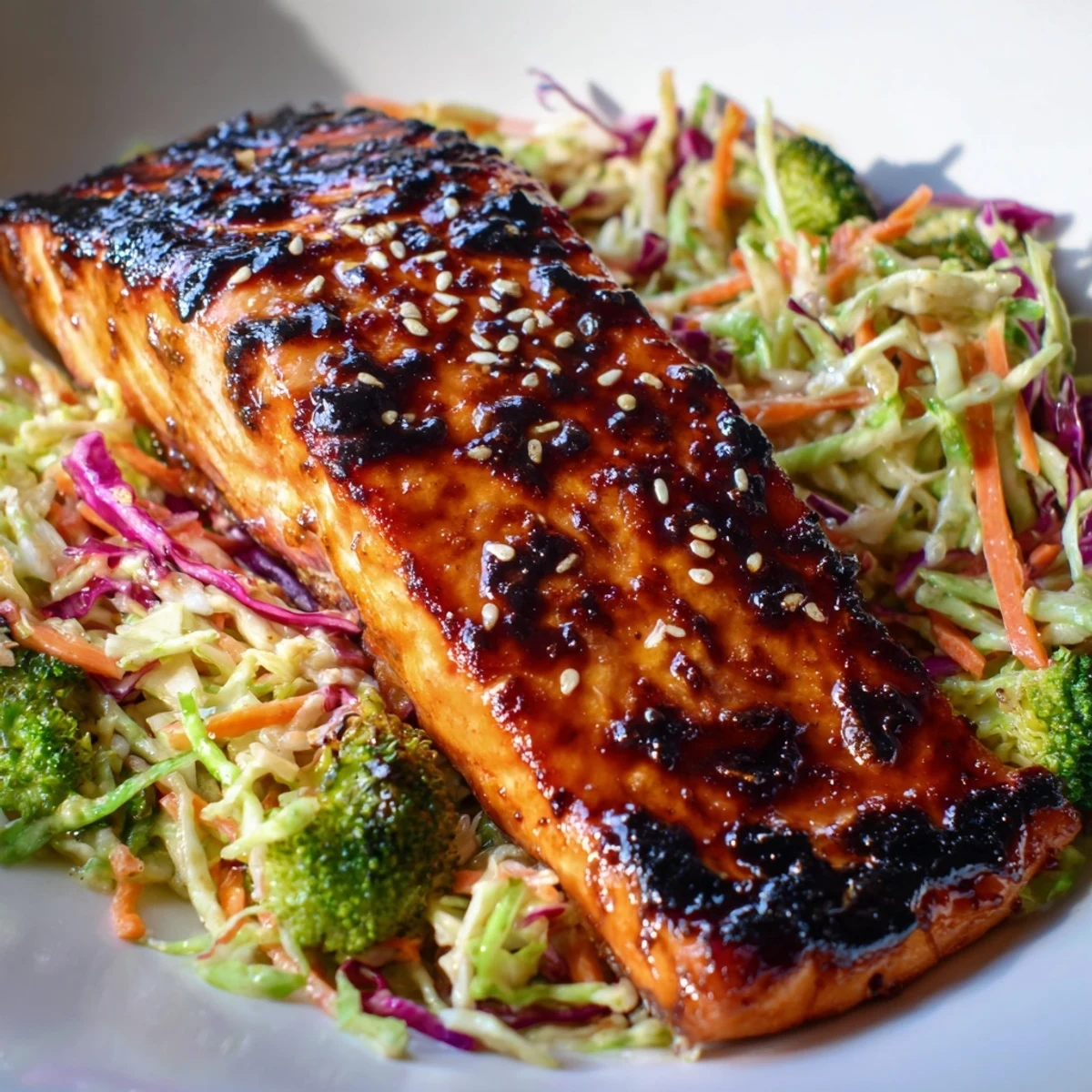 Caramelized miso maple salmon fillet glistening with glaze on a parchment-lined baking sheet