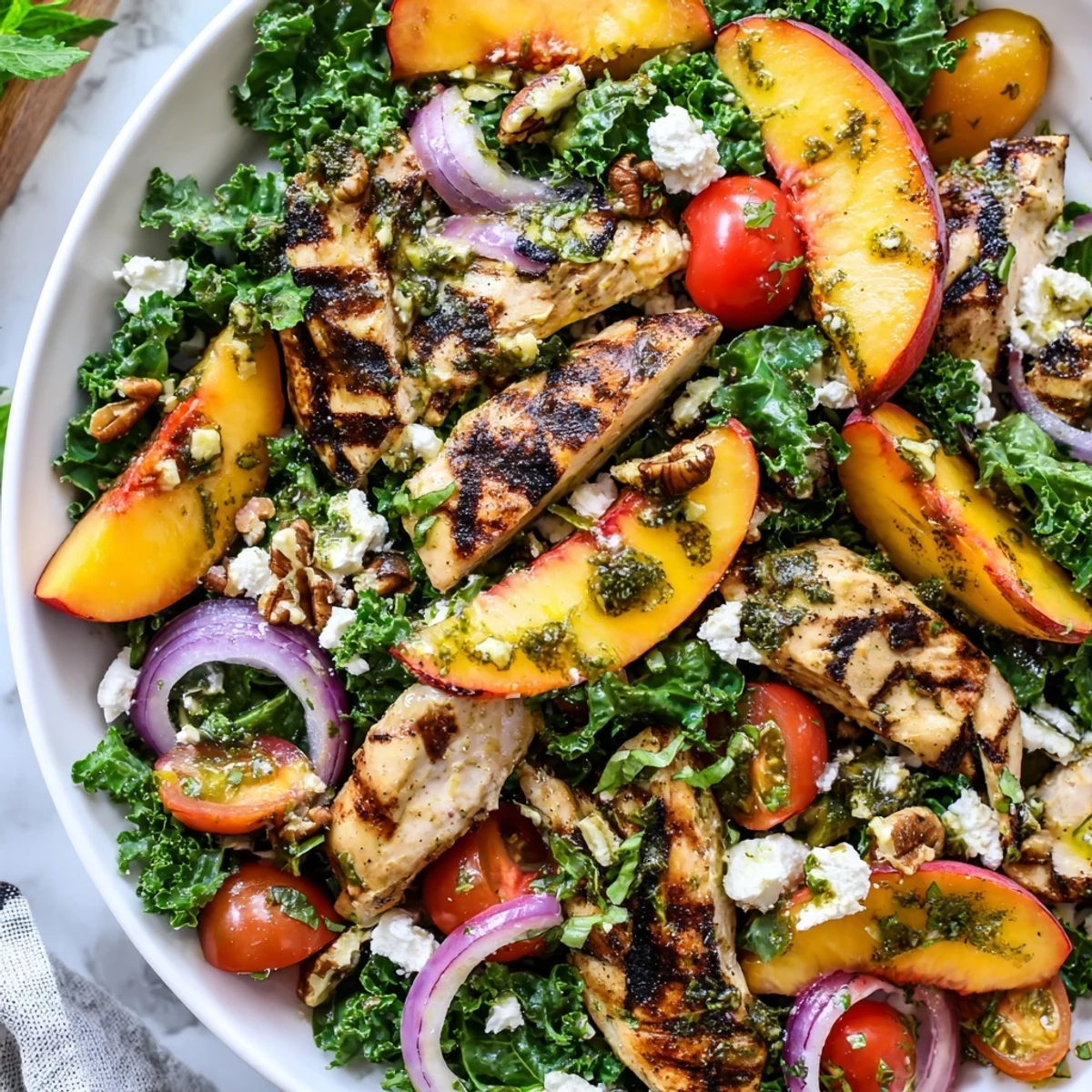 Vibrant Grilled Peach and Kale Chicken Salad drizzled with refreshing mint-basil dressing on a platter