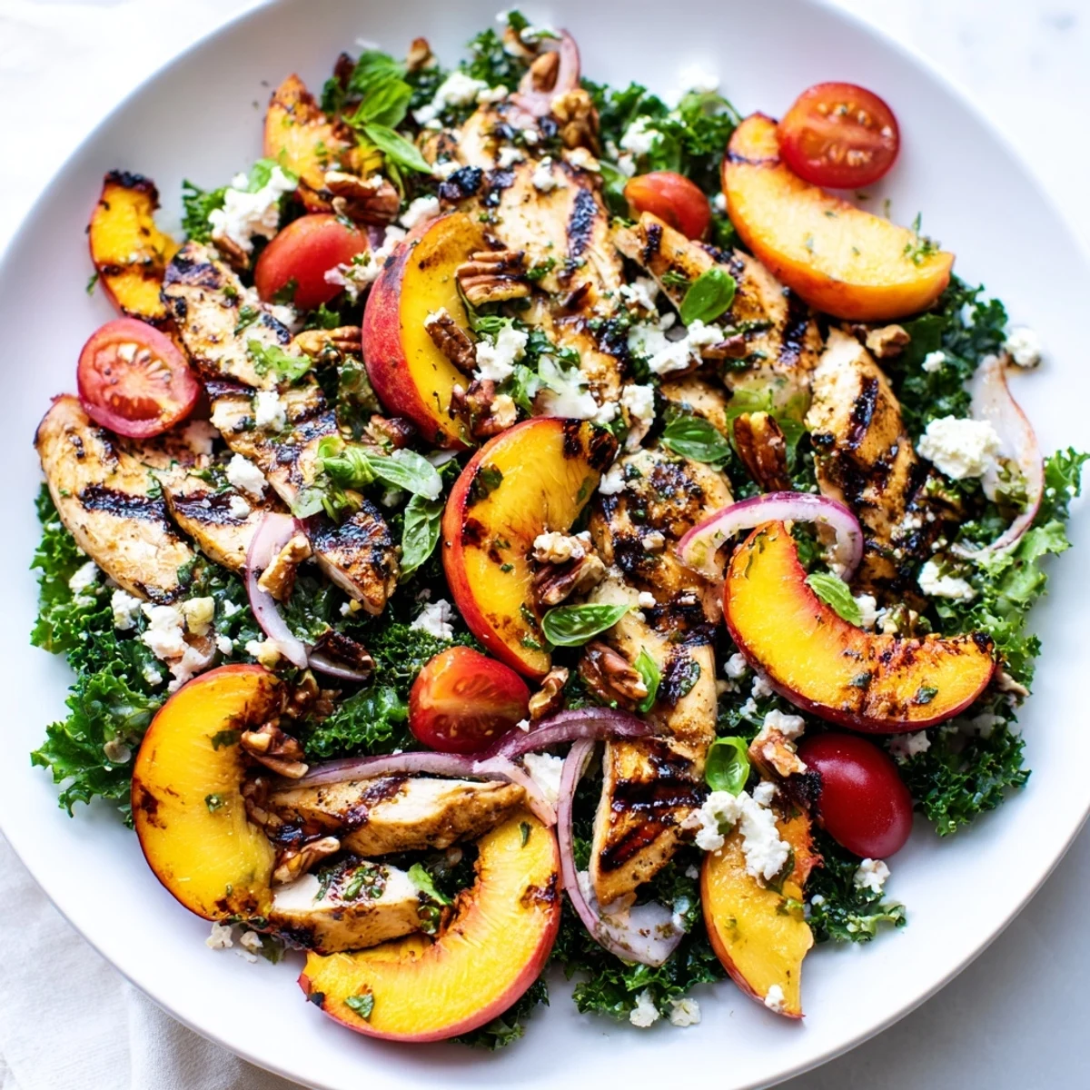 Grilled Peach and Kale Chicken Salad topped with juicy peaches and crumbled feta