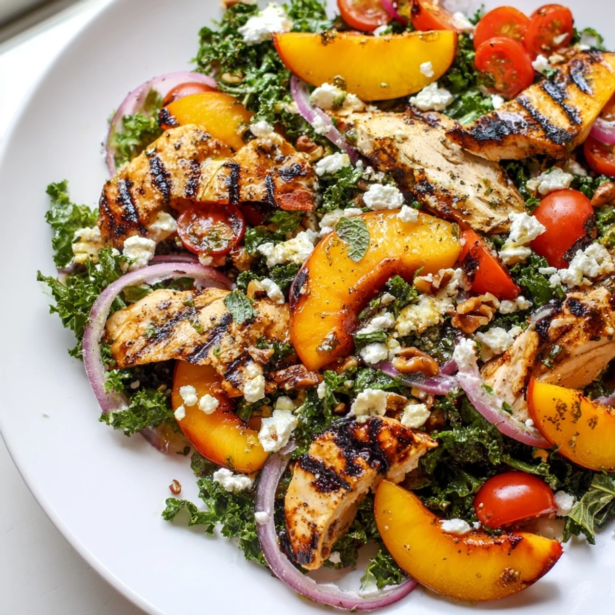 Crisp kale leaves layered with smoky grilled chicken and sweet caramelized peach halves