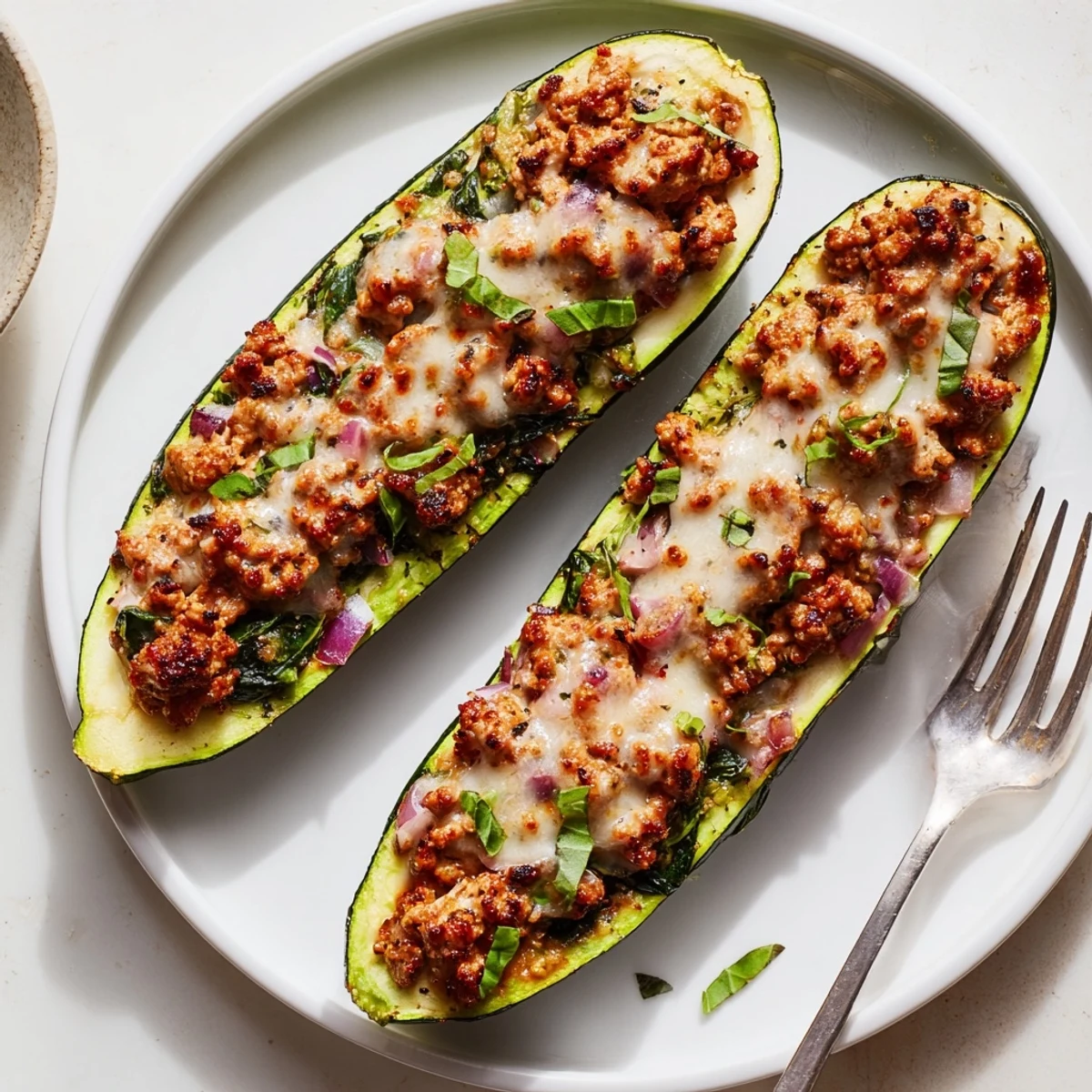 Golden baked pesto turkey zucchini boats topped with melted mozzarella and fresh basil