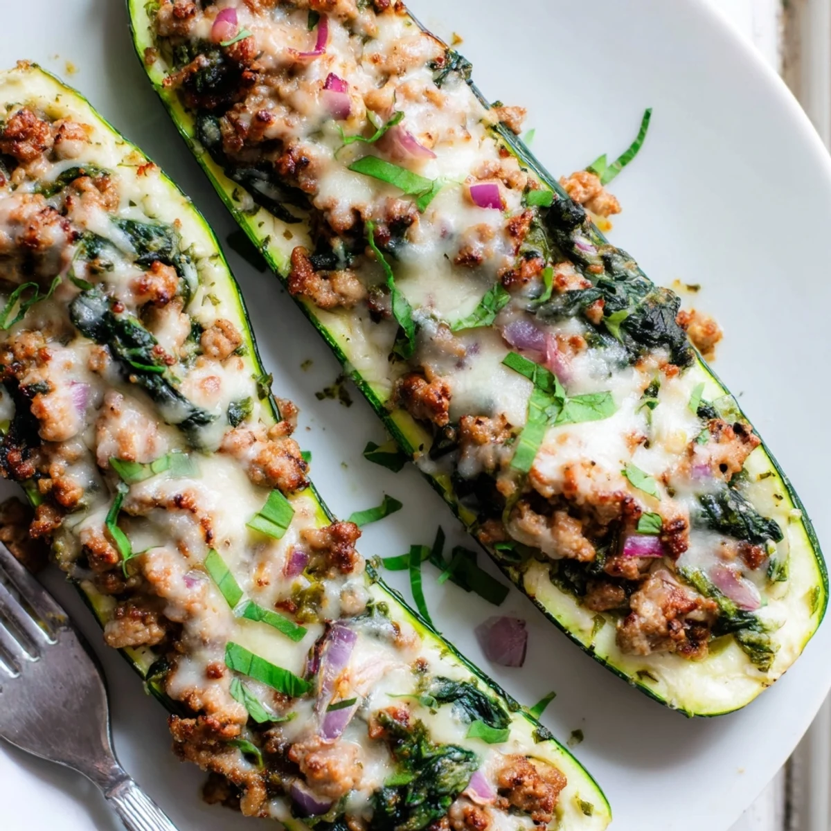 Halved zucchini overflowing with savory pesto turkey filling and bubbling parmesan cheese