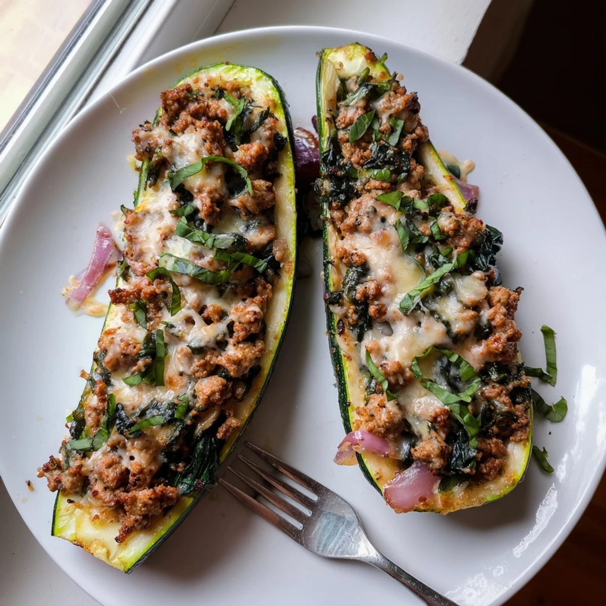 Tender zucchini boats stuffed with spinach pesto turkey straight from a warm oven