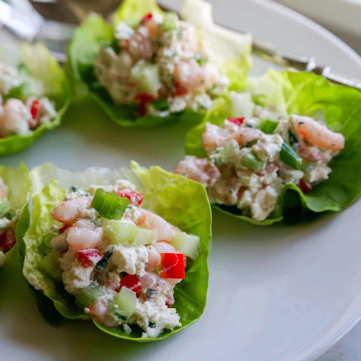 Creamy cottage cheese lemon basil shrimp salad nestled in crisp green butter lettuce cups