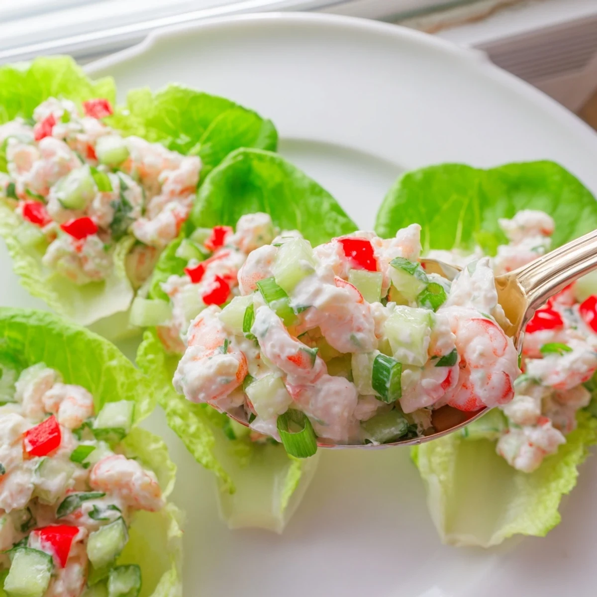 Succulent pink shrimp tossed with zesty lemon basil cottage cheese in crunchy romaine leaves