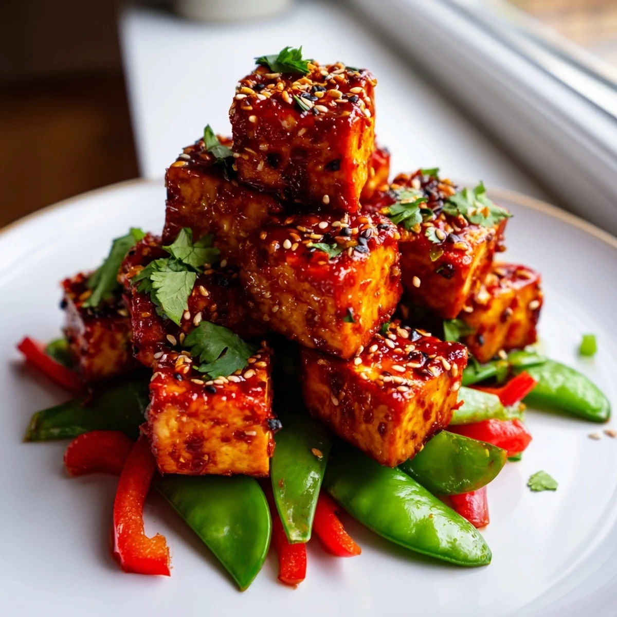 Golden crispy chili garlic tofu glazed in spicy sauce beside vibrant sesame snap pea salad