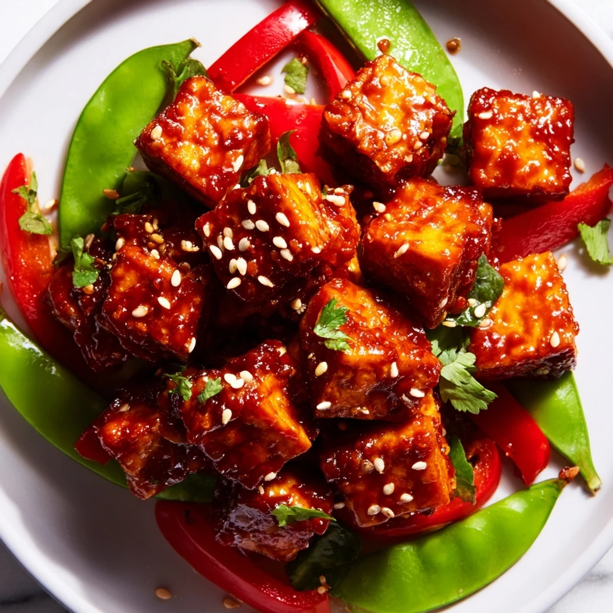 Crispy chili garlic tofu with sesame snap pea crunch served on a rustic plate