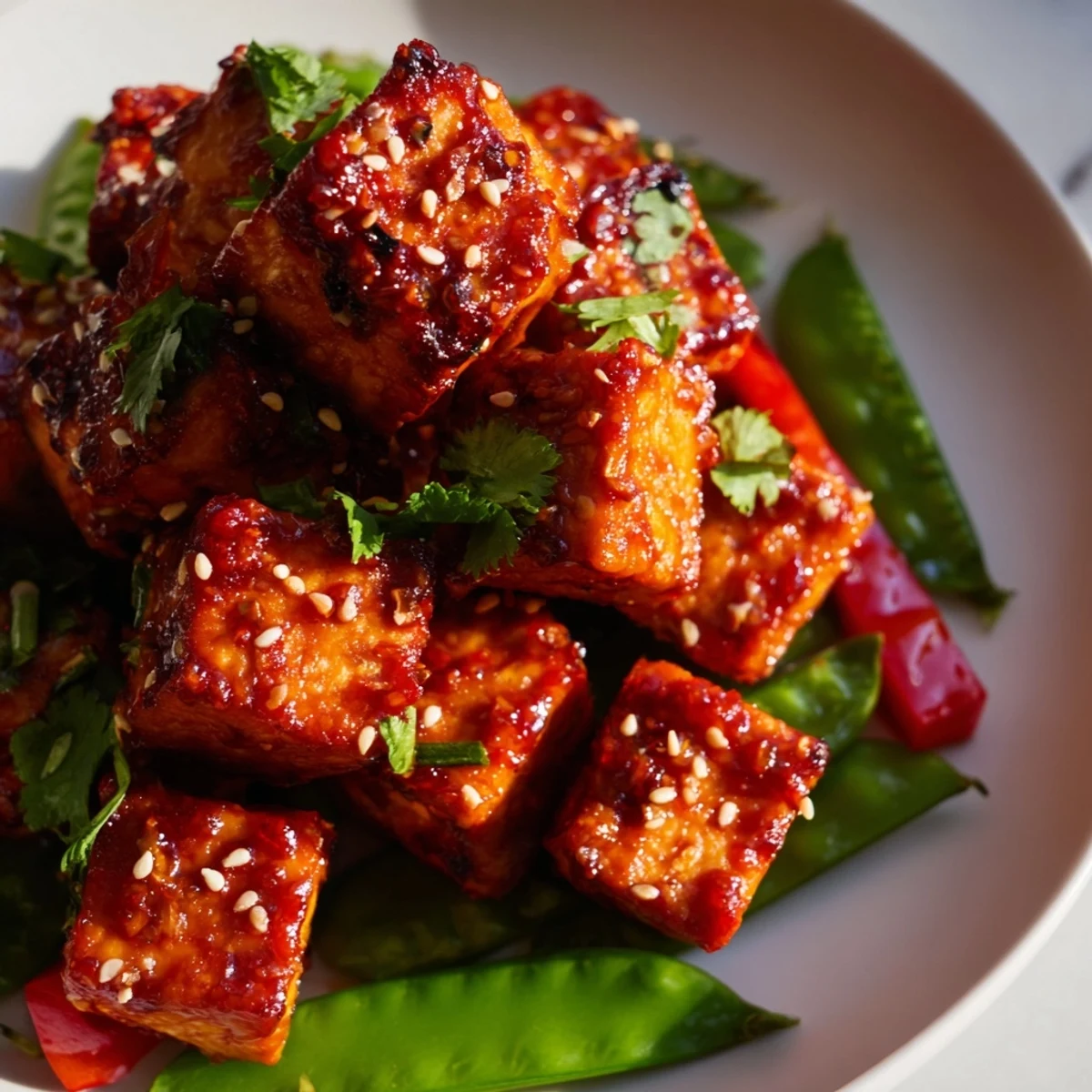 Close-up of crispy chili garlic tofu cubes glistening with sauce over crunchy sesame snap peas