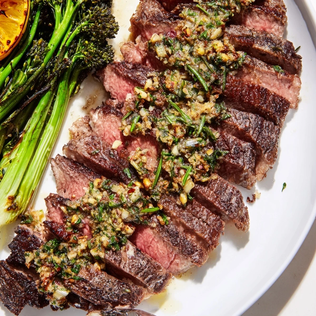 Juicy garlic herb steak with roasted broccolini and bright lemon slices on a rustic plate