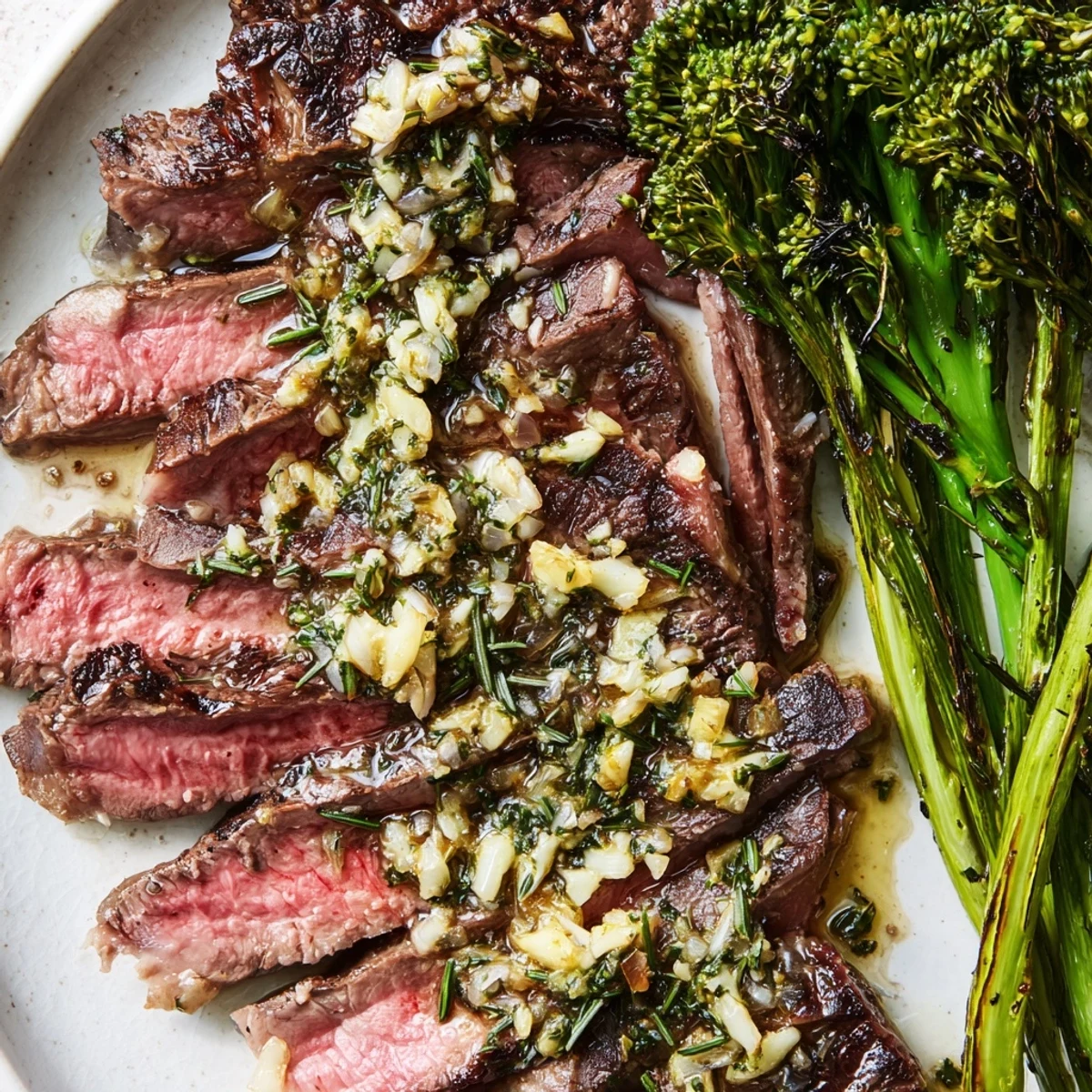 Sizzling garlic herb steak plated beside charred broccolini with fresh lemon wedges nearby
