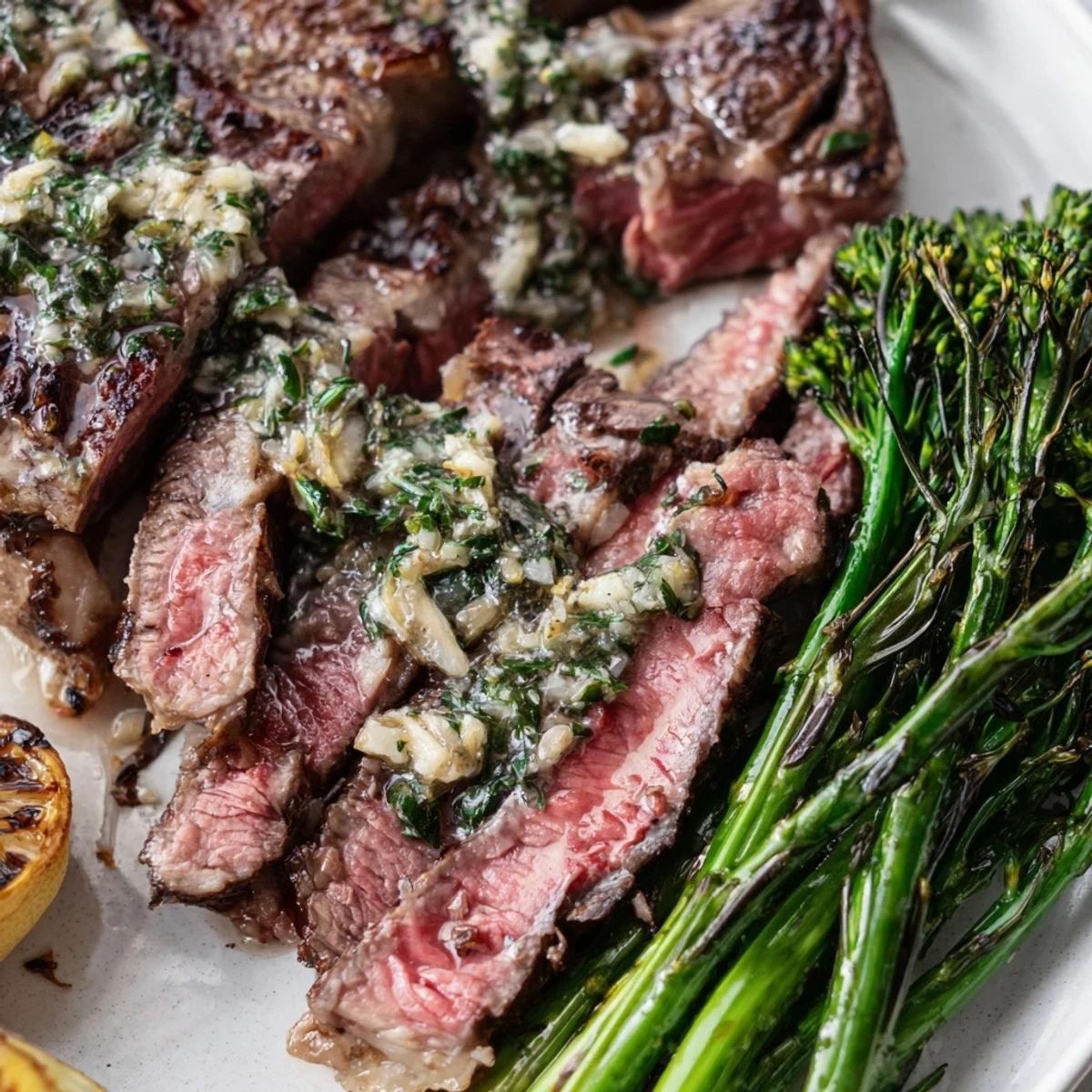 Perfectly seared garlic herb steak sliced open alongside tender roasted broccolini and lemon