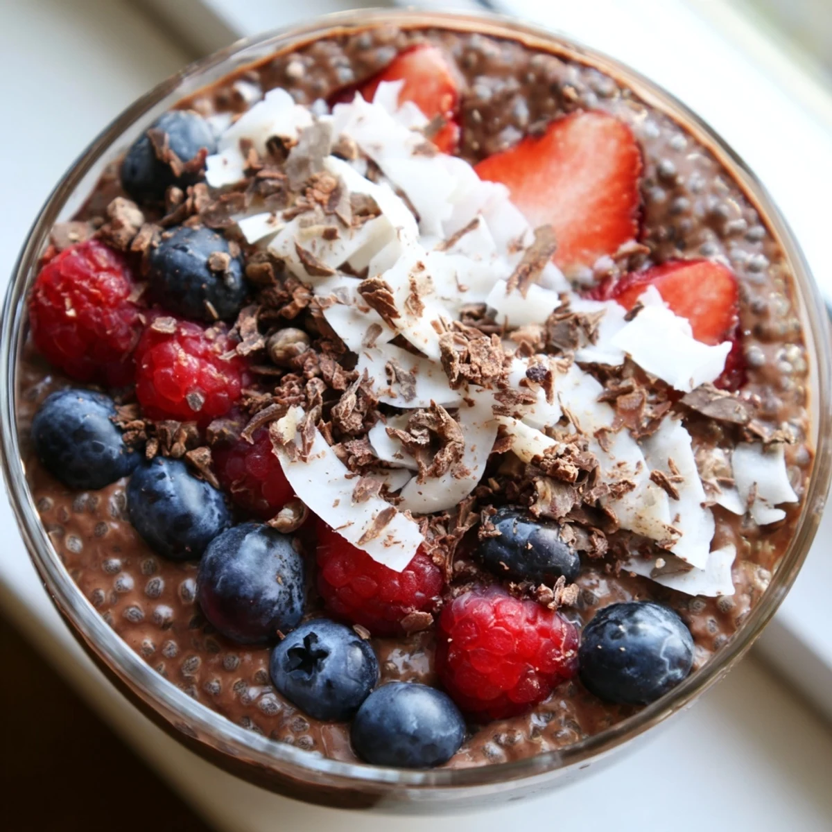 Rich chocolate almond coconut berry protein chia cream topped with fresh berries in glass jars