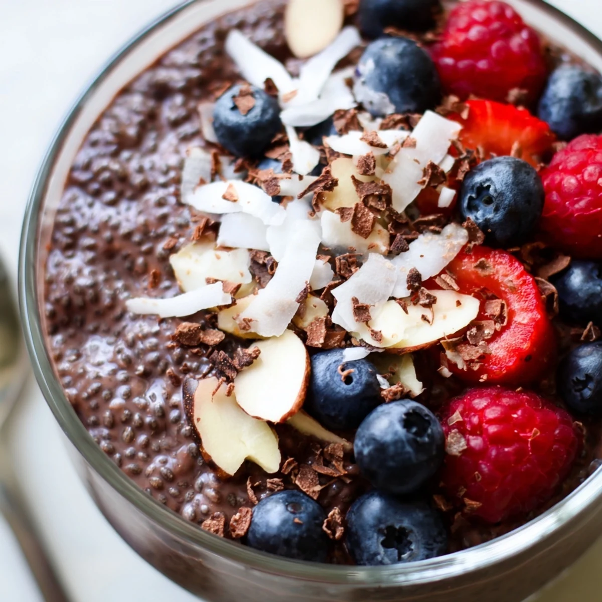 Creamy chocolate almond coconut berry protein chia cream layered with toasted almonds and coconut