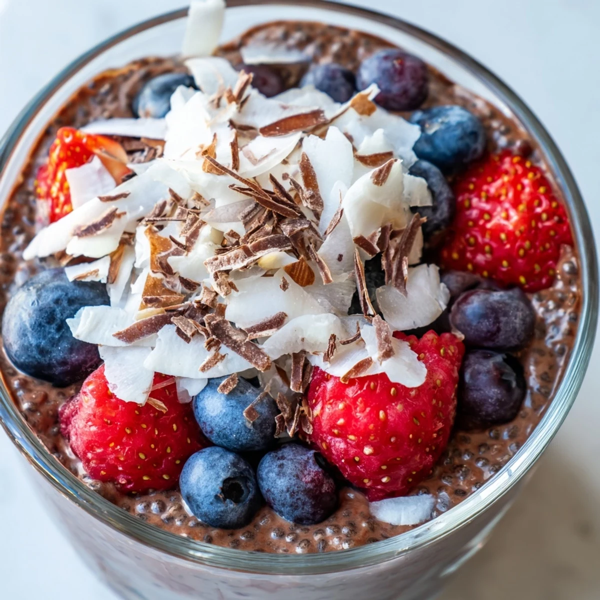 Velvety chocolate almond coconut berry protein chia cream garnished with ripe berries and chocolate shavings