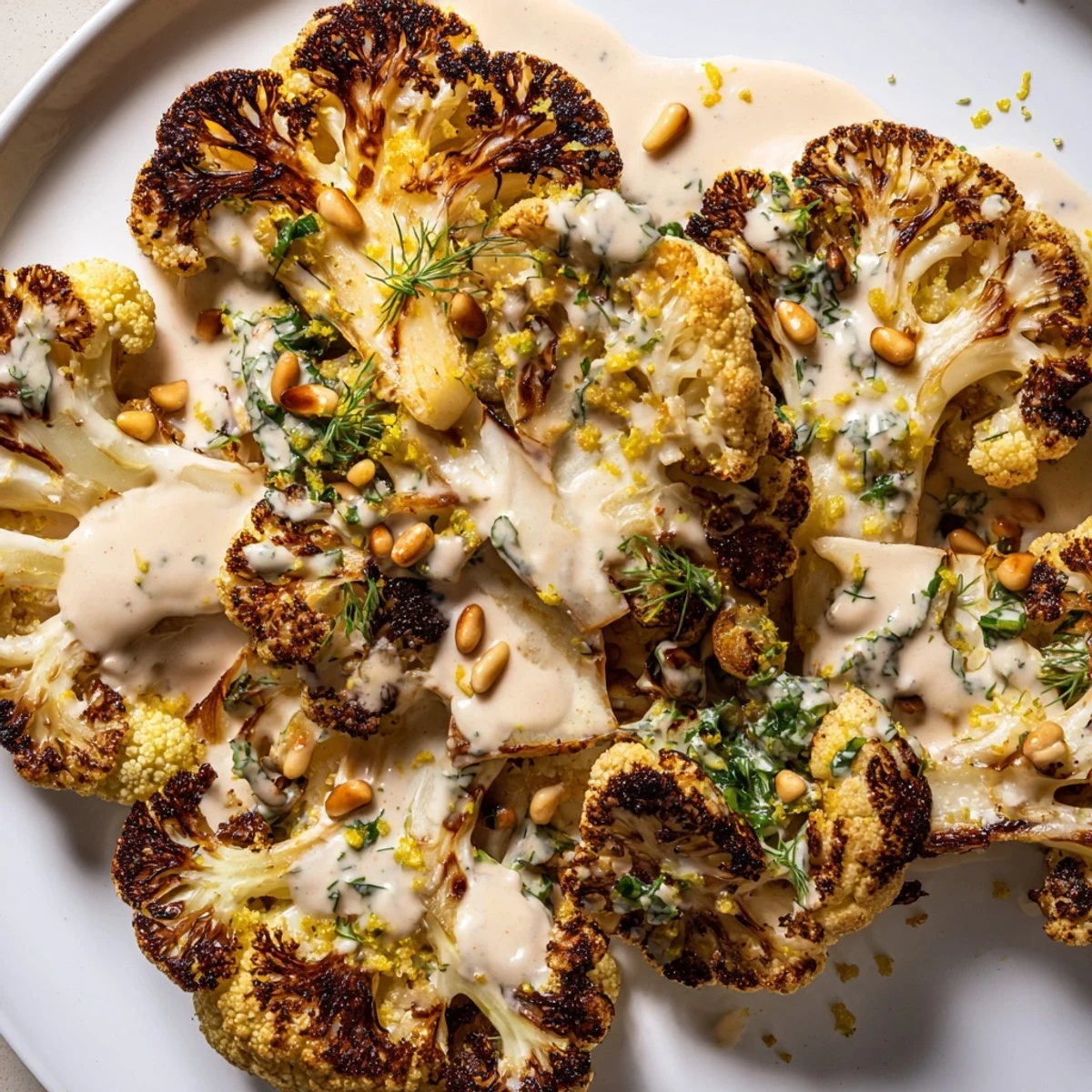 Golden roasted cauliflower with lemon herb tahini drizzle garnished with fresh herbs and pine nuts