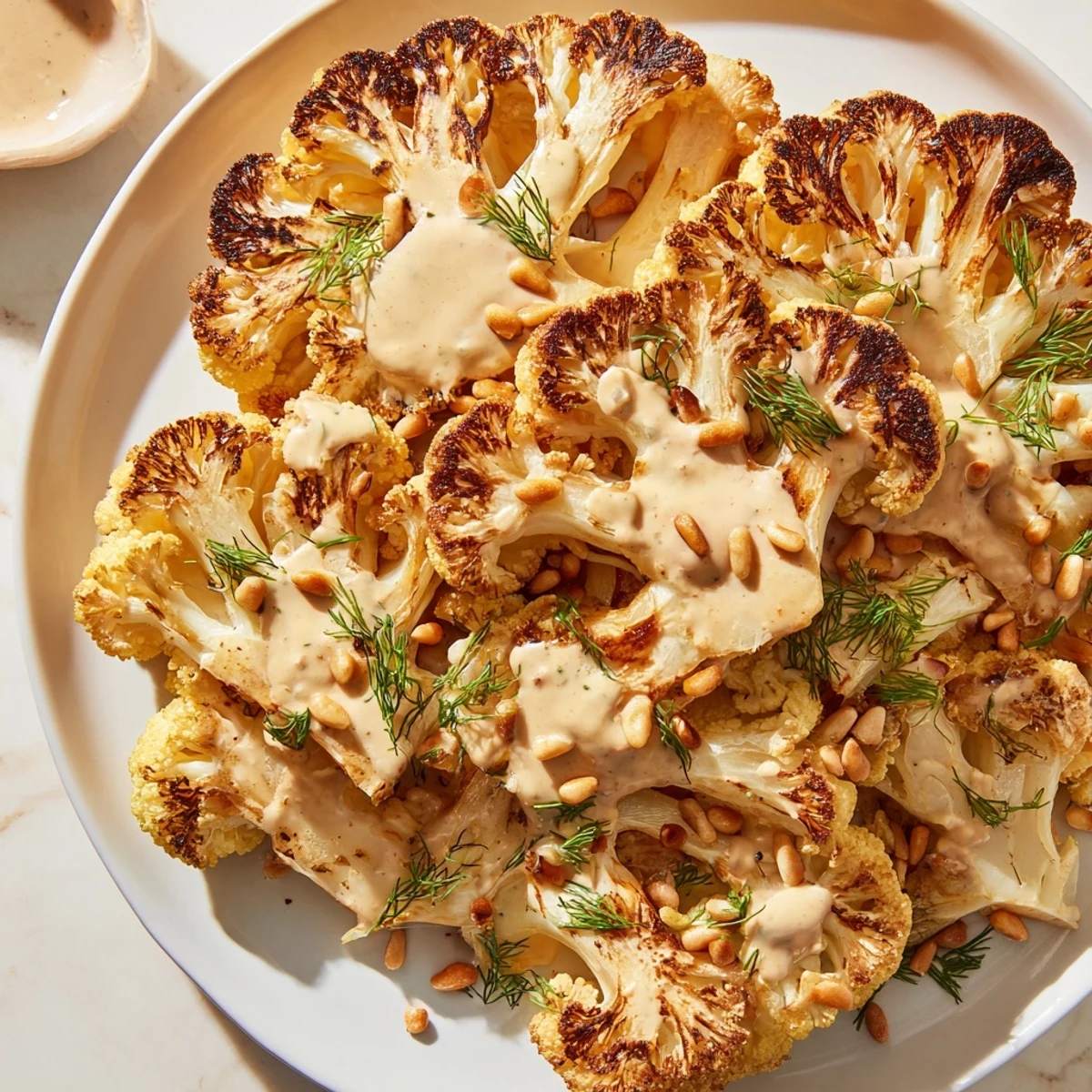 Caramelized roasted cauliflower with lemon herb tahini drizzle on a rustic platter