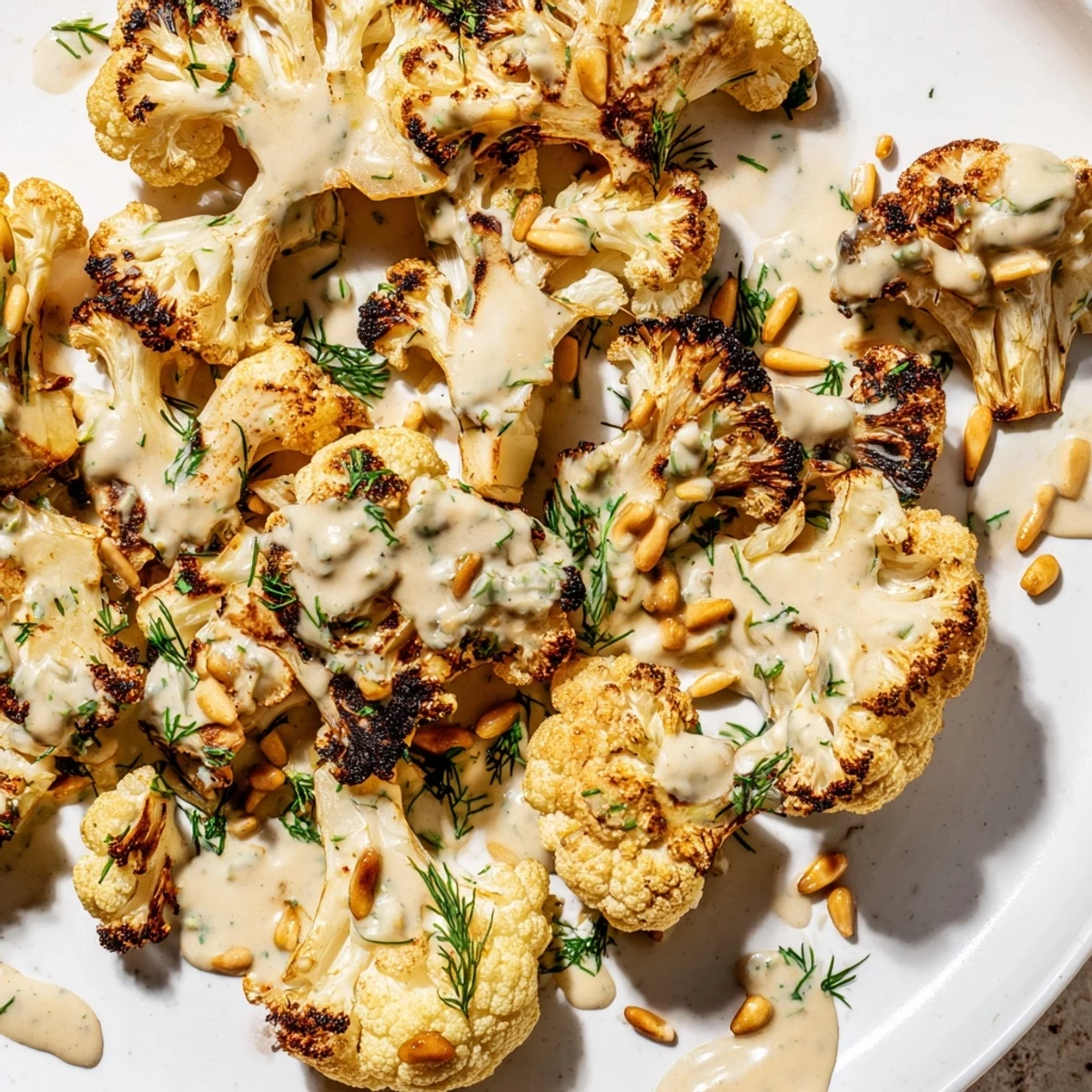 Crispy spiced roasted cauliflower with lemon herb tahini drizzle served alongside bright lemon wedges
