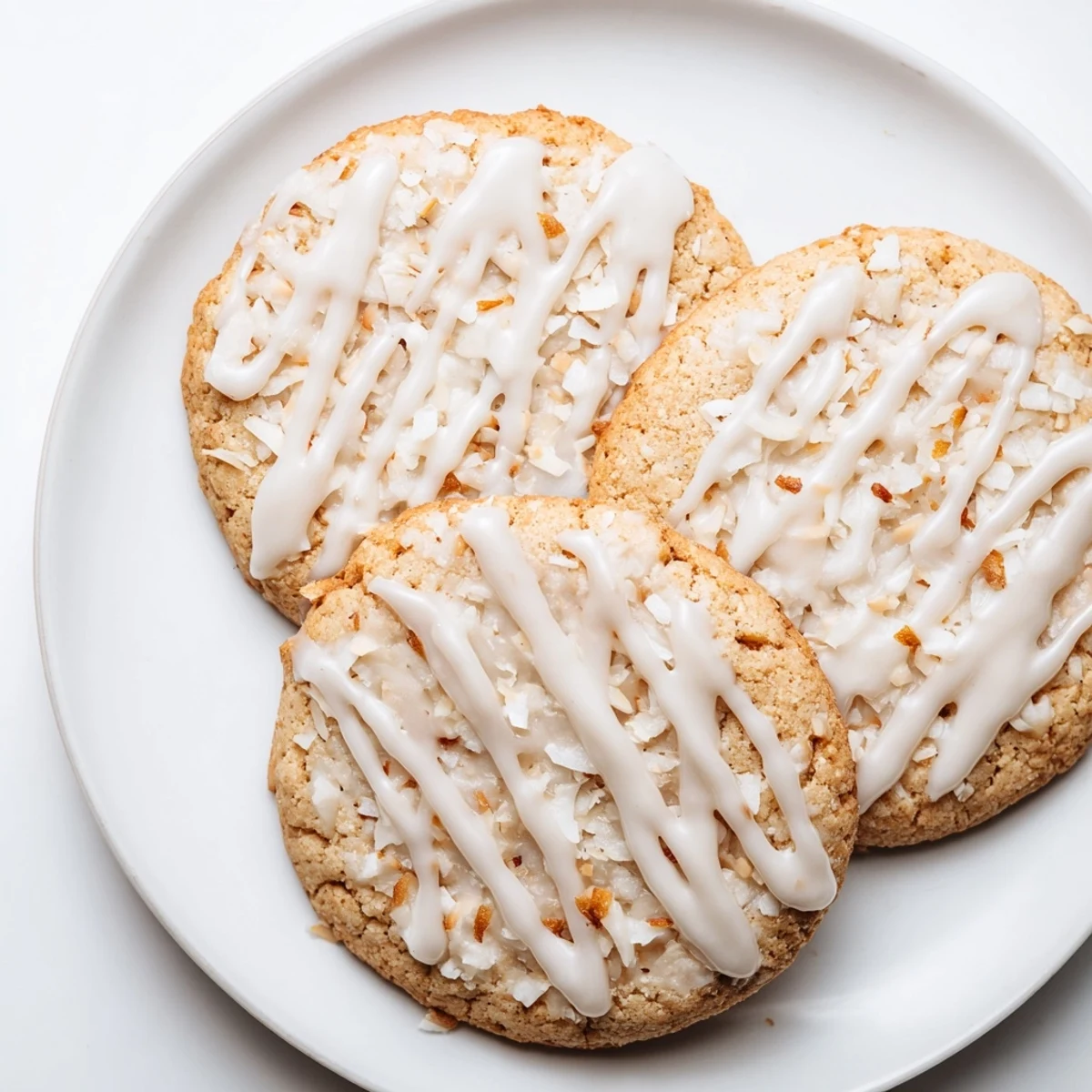 Soft, golden keto maple coconut butter drizzle cookies topped with a rich white glaze
