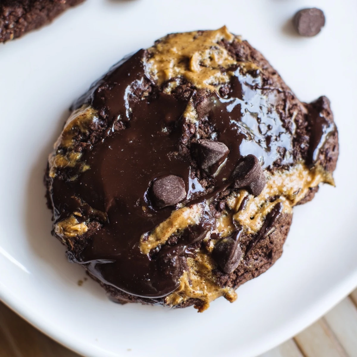 Close up of fudgy dark chocolate almond butter swirl cookies stacked on a wire cooling rack