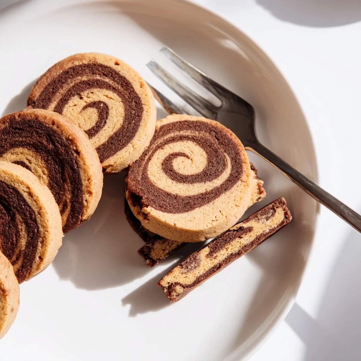 Close up of low carb sliced dough revealing a rich walnut butter swirl pattern.