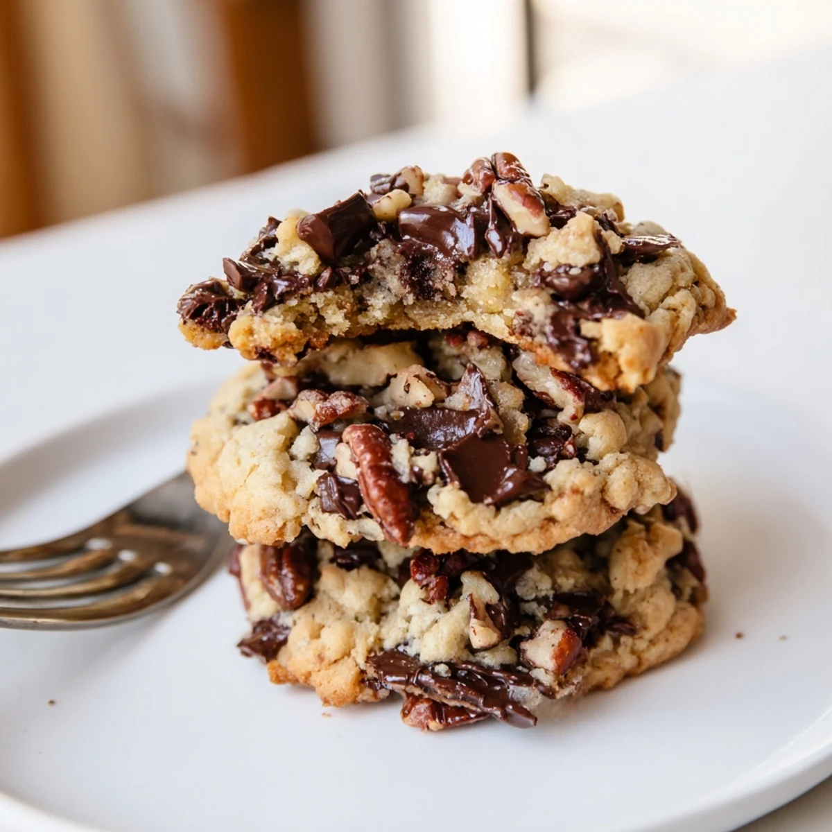 Gluten-free espresso chocolate pecan butter crunch cookies with melted dark chocolate and toasted pecans  