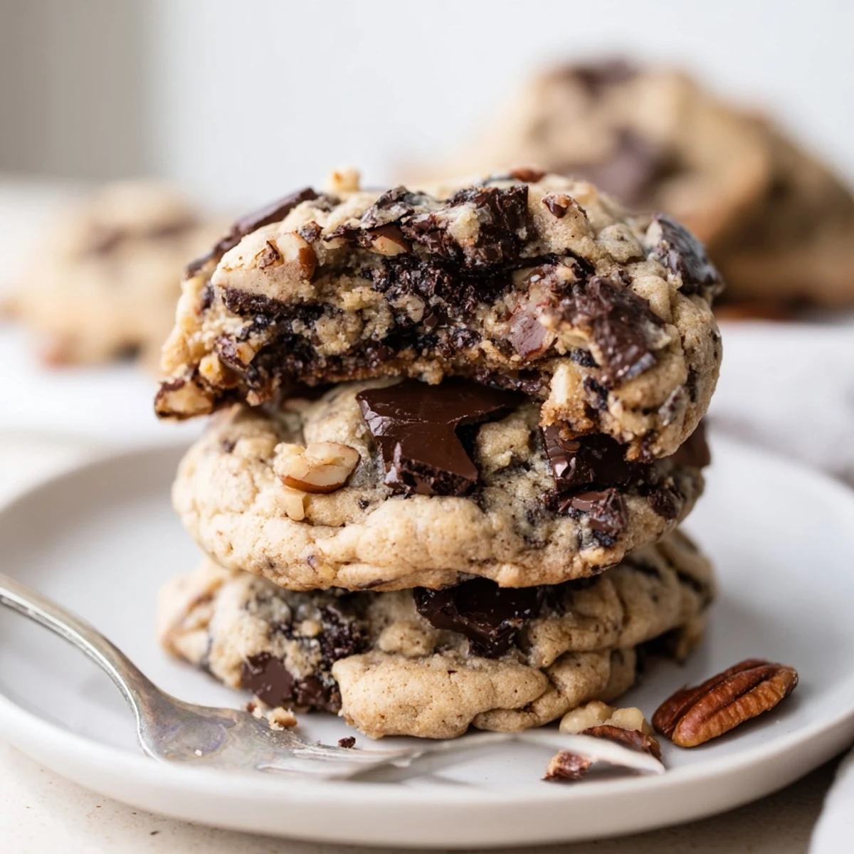 Close-up of gluten-free espresso chocolate pecan butter crunch cookies showing rich texture and chocolate chunks