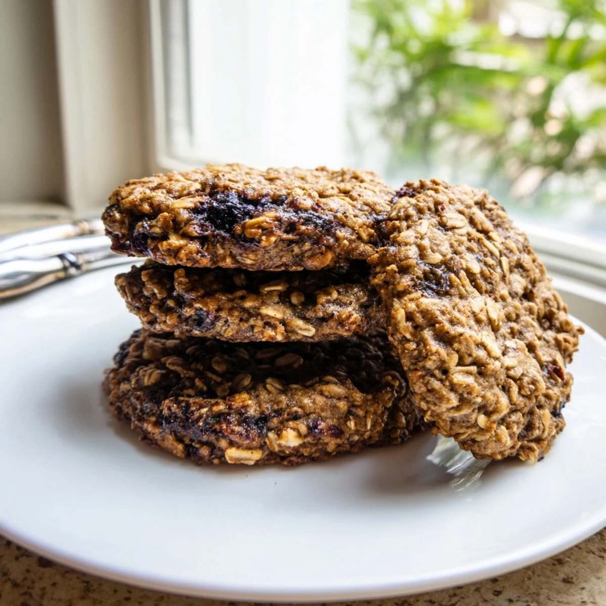 Chewy dairy-free oatmeal raisin cookies featuring fresh blueberries and a bright orange glaze swirl