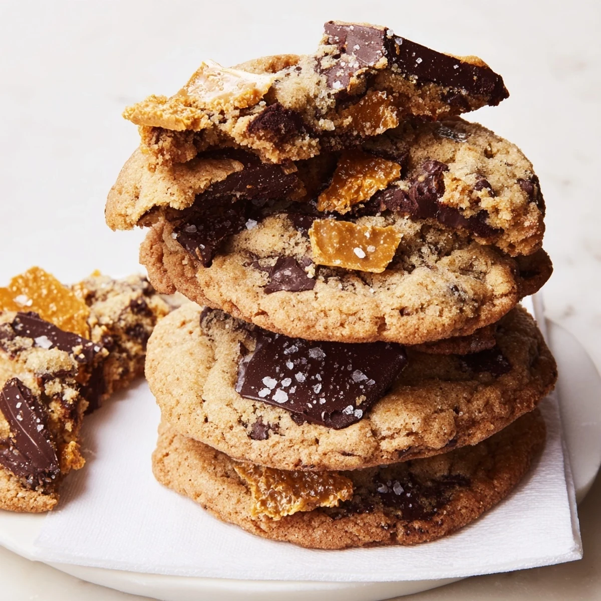 A stack of rich chocolate chip cookies topped with flaky sea salt and crunchy honeycomb.