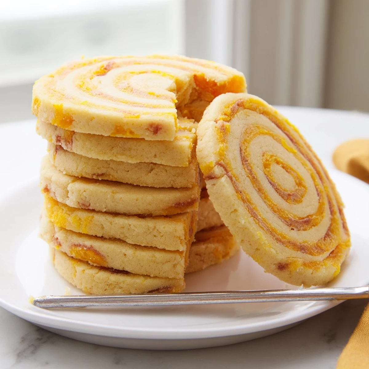 Golden vegan pineapple orange swirl sugar cookies with vibrant marbled dough on a wooden board.  