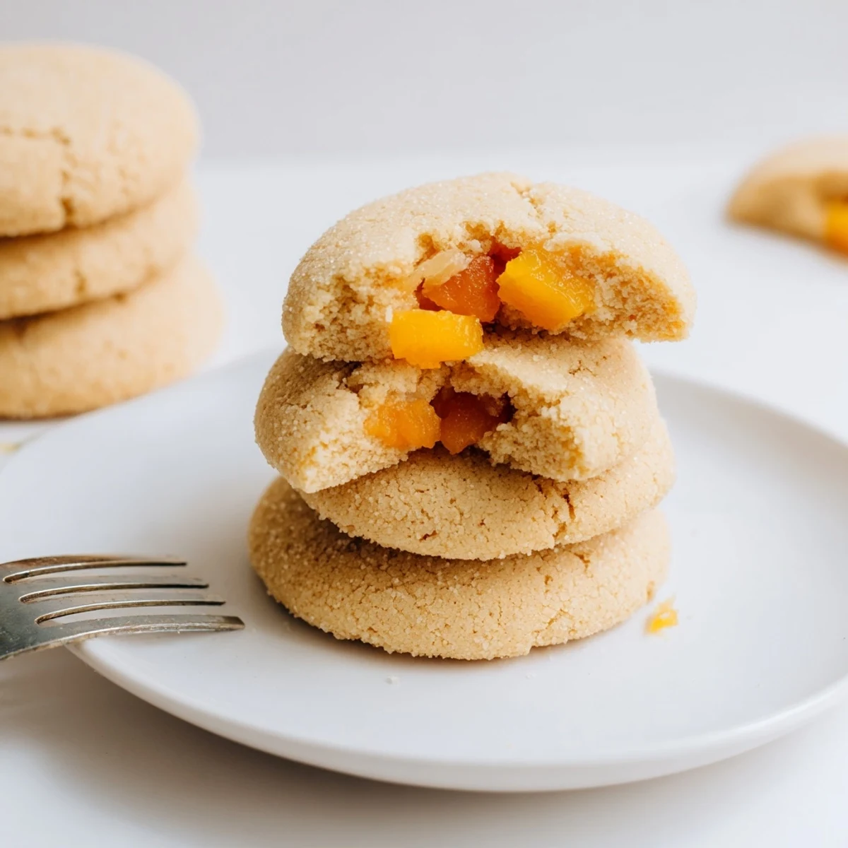 Soft vegan vanilla papaya sugar cookies on a wire rack, golden edges with diced fruit.