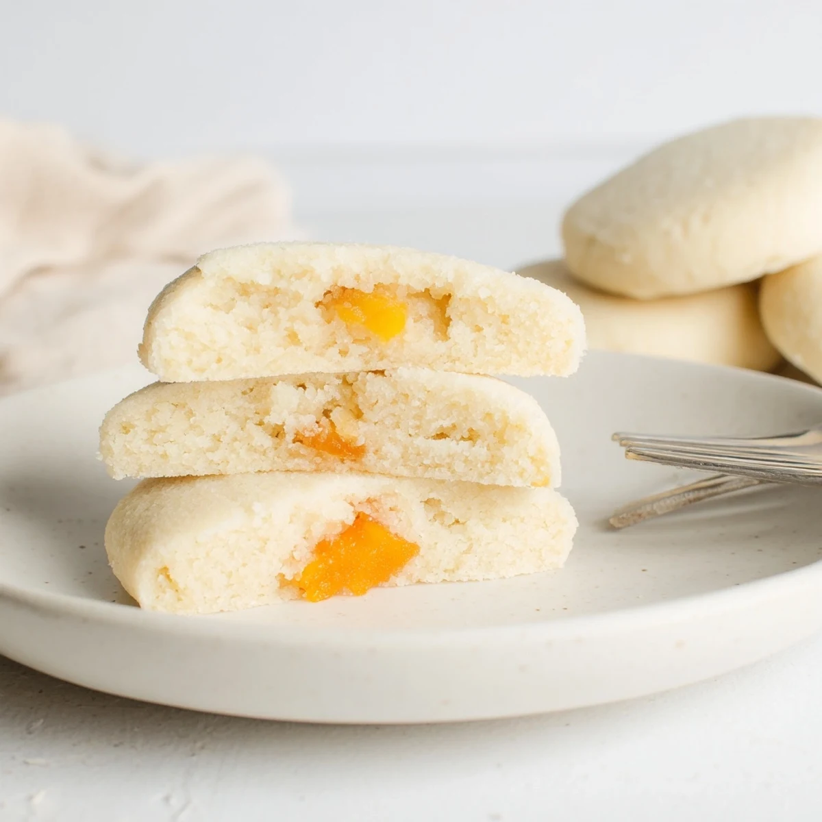 Close up of a sugar cookie with sweet papaya chunks on a baking sheet.