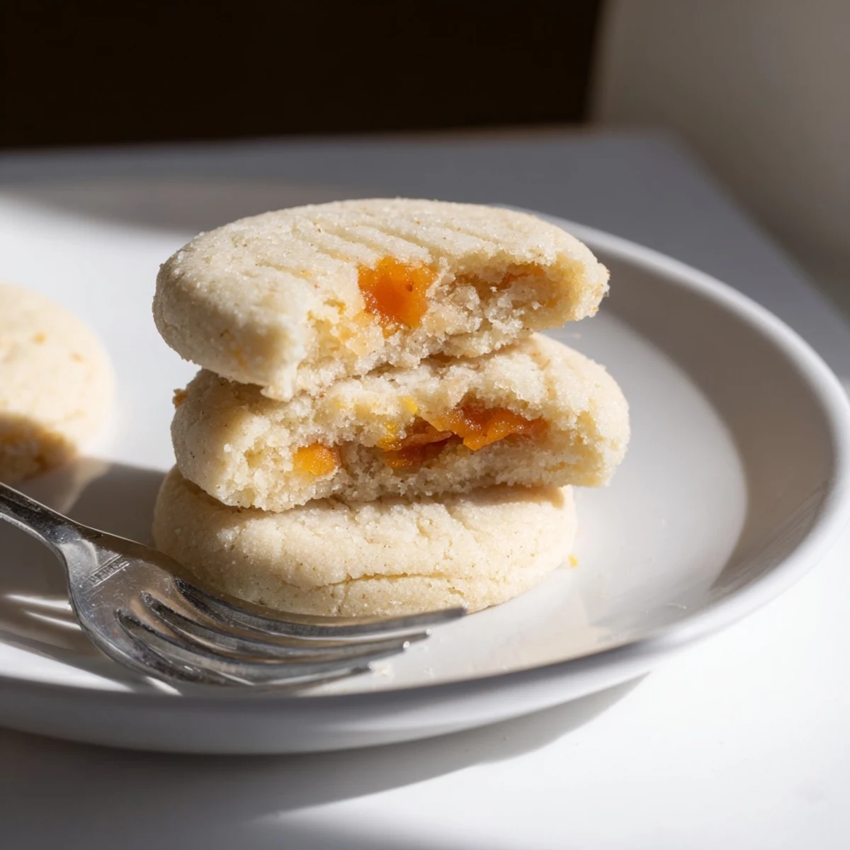 Plate of tropical vegan vanilla papaya sugar cookies stacked for dessert presentation.
