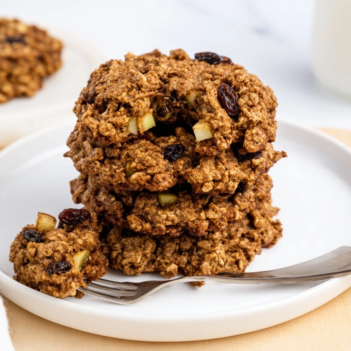 Golden apple cinnamon ginger maple oatmeal raisin cookies cooling on a wire rack.