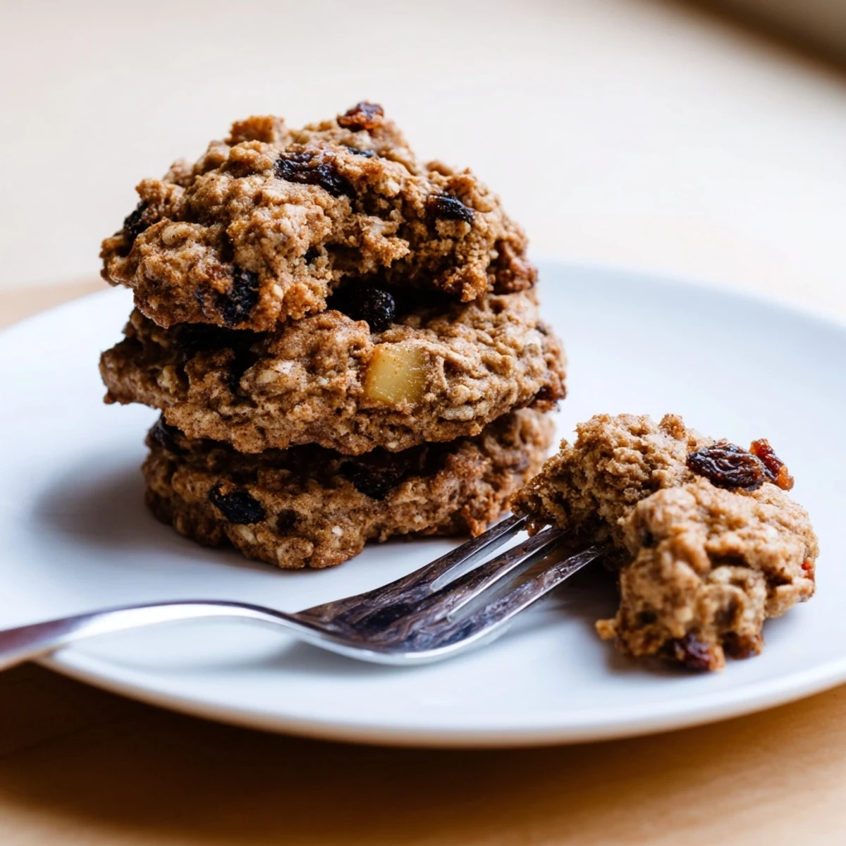 Chewy apple cinnamon ginger maple oatmeal raisin cookies stacked on a wooden cutting board.
