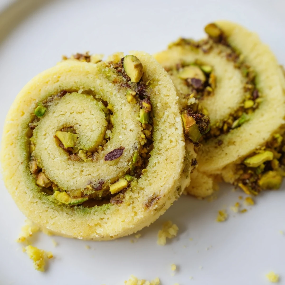 Golden gluten-free lemon pistachio butter swirl cookies with a delicate spiral pattern on a white plate.  
