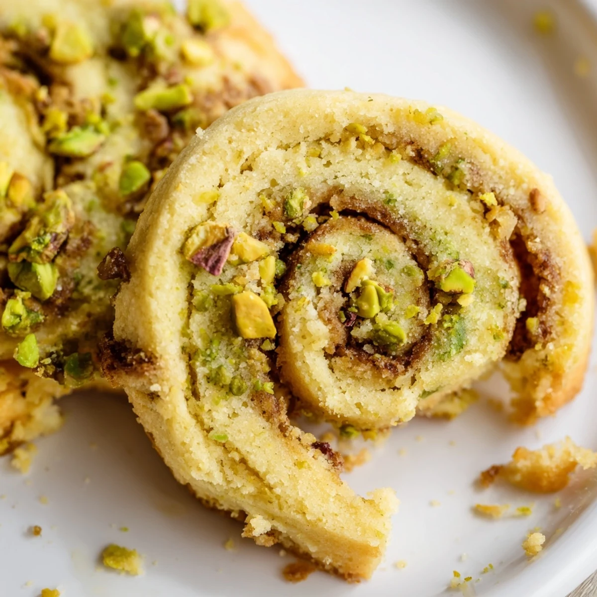 Close-up of soft gluten-free lemon pistachio butter swirl cookies showing rich texture and golden edges.