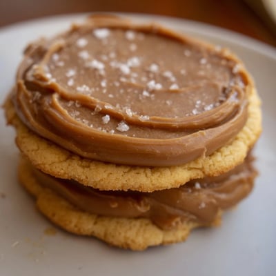 A close-up of vegan January Bliss Caramel Frost Vegan Cookies drizzled with rich caramel on a rustic wooden board.
