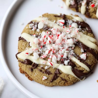 Freshly baked low-carb cookies drizzled with white and dark chocolate on a marble countertop. 