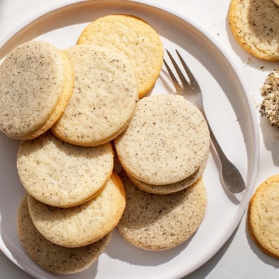 A close-up of Earl Grey Lemon Sugar Cookies showing the sparkling sugar coating and finely ground tea flecks in the soft, buttery texture.