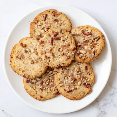 Close-up shot of Keto Maple Bacon Cookies, highlighting the chewy texture and chopped walnuts on a wooden serving board.