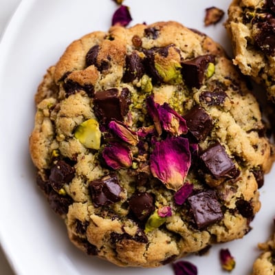 Soft-baked Vegan Pistachio Rose Chocolate Chip Cookies with melted chocolate chips and a sprinkle of rose petals.