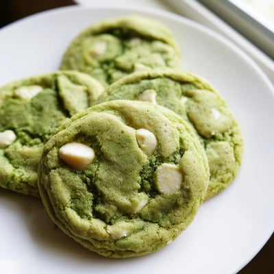 Warm Pandan White Chocolate Chip Cookies stacked on a plate, fragrant and chewy beside a glass of milk.