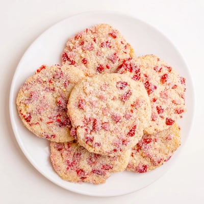 Tender Strawberry Balsamic Sugar Cookies with glistening sugar crust, served on a white plate beside a glass of rosé.