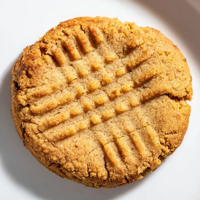 Stack of Keto Toasted Almond Butter Cookies on a ceramic plate beside a glass of almond milk.  