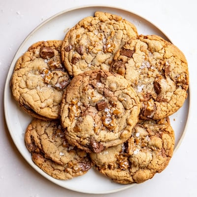 A close-up of Brown Butter Toffee Chocolate Chip Cookies reveals chewy centers, cracked tops, and a dusting of flaky sea salt.
