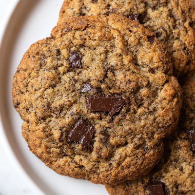 Freshly baked Hojicha Chocolate Chip Cookies stacked high with a tall glass of cold milk nearby.  
