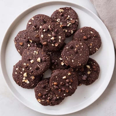 These Keto Mocha Hazelnut Cookies showcase a rich chocolate texture with a hint of coffee flavor on a wooden board.  