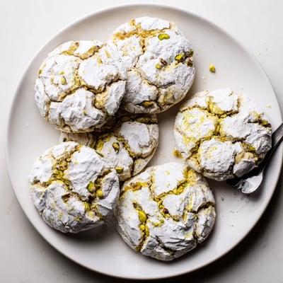 Soft gluten-free lemon pistachio crinkle cookies with cracked tops and bright green pistachio bits