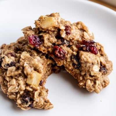 Warm Spiced Pear Cranberry Oatmeal Raisin Cookies on parchment, cooling beside coffee