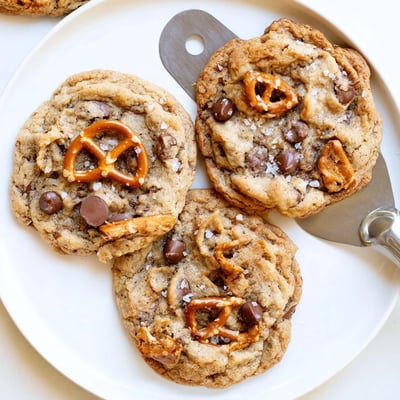 Warm brown butter salted honey toffee pretzel chocolate chip cookies topped with flaky sea salt sprinkles